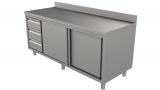 Rvs Werktafel Rand Met Schuifdeuren en Laden Links 2000 x 700-line