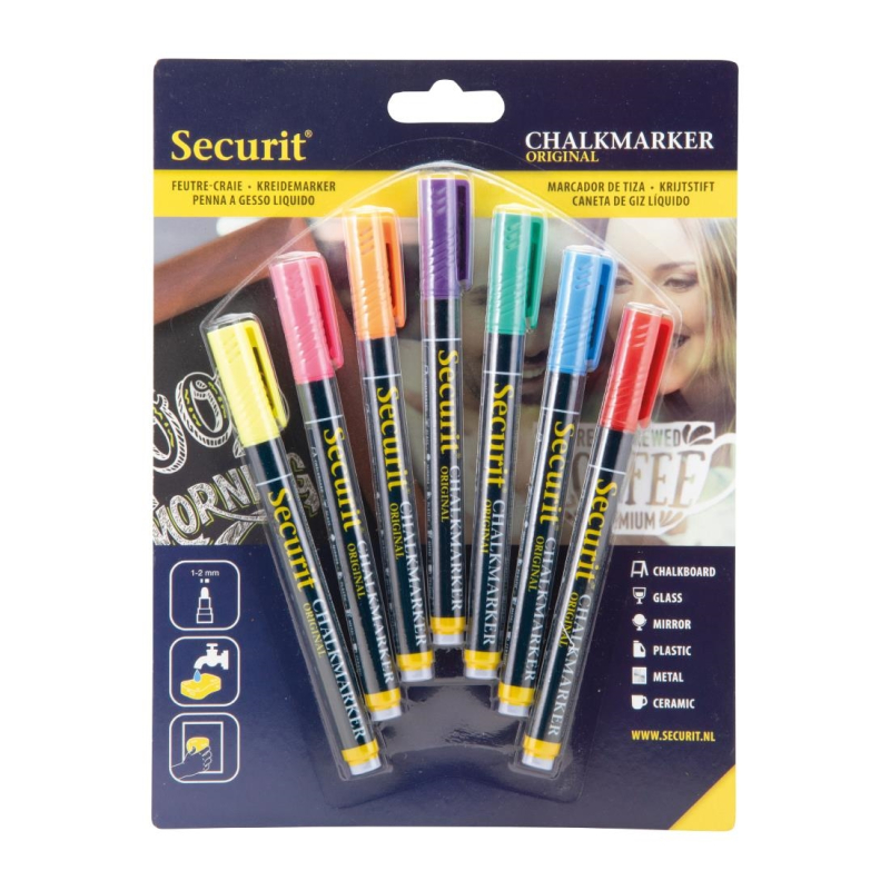 Securit Liquid krijtstift 1-2mm Penpunt in rood, blauw, geel, groen, roze, oranje, violet (doos 7) Securit Liquid krijtstift 1-2mm Penpunt in rood, blauw, geel, groen, roze, oranje, violet (doos 7)